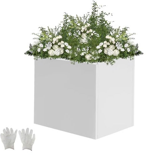 RUETERY Macetero cuadrado de acero grande para exteriores, con 1 par de guantes, maceta alta para jardines, entradas, terrazas, patios, comerciales, 50 x 50 x 50 cm, color blanco