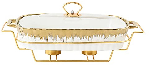 XQKXHZ Chafing Dish Weiße Rechteck, Premium Keramik Speisenwärmer mit Golden Border Warmhaltebehälter, Buffetserver mit Treibstoffhalter und Glasdeckel für Catering, Buffet und Partys,S