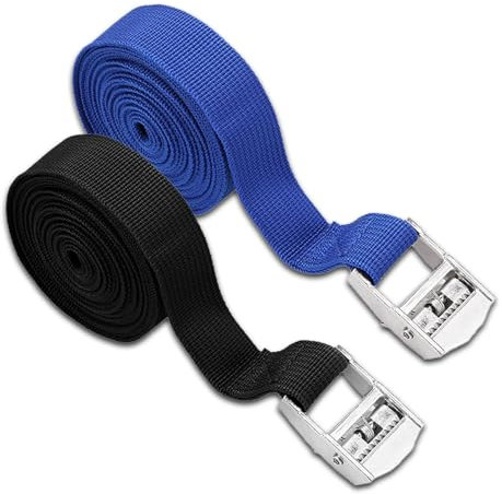 2 cinghie di ancoraggio, cinghie corte con cricchetto, cinghia di tensione nera 1 m x 2 cm e blu 1 m x 2,5 cm, adatte per fasciare furgoni, moto, festival palcoscenici, eventi e camion