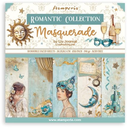 Stamperia - Scrapbook Paper Pad for Scrapbooking, Albums, Card Making, Bullet Journalling and More, Acid Free, Double-Sided, Perfect for Hobbies, Crafts, and Gifting (Masquerade) (20.3 x 20.3cm)