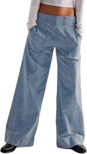 yoeasy Women's Wide Leg Jeans Casual Baggy Elastic Waist Pull On Jeans Trendy Y2k Boyfriend Denim Pants with Pockets (Small, Light Blue)