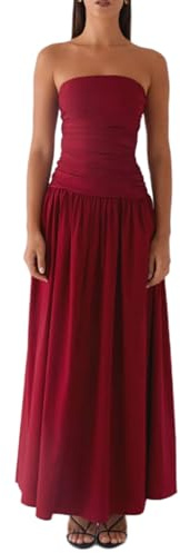 Owegvia Vestido largo elegante estilo tubo Y2K para mujer, fruncido, cuello barco, espalda descubierta, sin mangas, sin tirantes, para fiesta, noche, vestido de playa, rosso, S