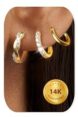 MACACHII 3 Pares Pendientes Aro Plata/14K Oro Mujer de Ley 925 Dorados Hipoalergenicos Chapados en Pequeños Circonita Delicados Ligeros Múltiples Piercings Niñas y Mujeres