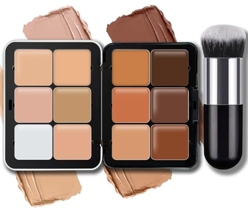 Noerrors 12 Colors Cream Concealer Foundation Palette, Blendable Color Correcting Contour Cream, Long-Wearing Full Coverage Smudge Proof Bronze Blush Highlighter Palette Makeup with Brush