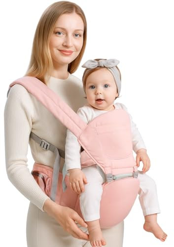 Baby Trage Neugeborene bis 20kg (0-36 Monate), Ergonomische 3-in-1 Babytrage & Baby Carrier für Hüfte Rücken & Front, Atmungsaktives Mesh & Hüftstütze Freihändig für Eltern(Rosa)