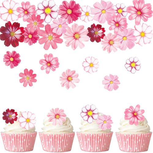 Gleevio Glücksblume Tortendeko Essbar,65 Essbare Blumen für Torte Rosa Weiß | Esspapier Blumen Kuchen Deko, Essbare Blüten Tortendeko, Glücksblume Cupcake Deko Essbar für Hochzeit, Geburtstag