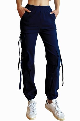 Nuofengkudu Harem Cargo Breda Ankelbyxor Elastiska Fickor Resår Hög Midja Byxor med Sidofickor Arbete Joggingbyxor Sport Lediga Byxor, Navy-5 fickor, L