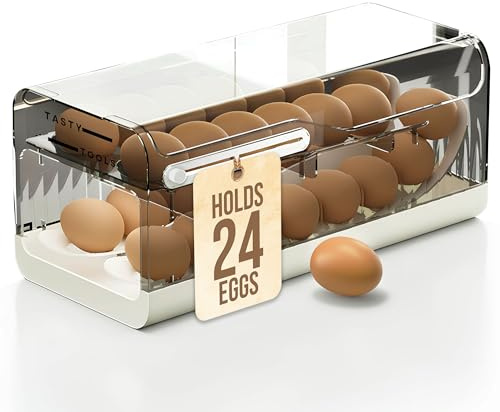 Tasty Tools 24 Egg Rolling Dispenser, Clear Plastic Egg Holder For Fridge, Egg Organiser With Lid, Egg Holder For Kitchen Storage