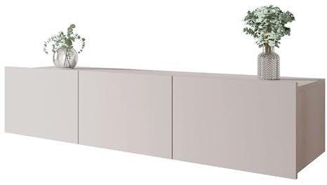 Mirjan24 TV-Lowboard Calabrini 150 BR04 mit Hängeschrank (Cashmere) | Griffloser Fernsehtisch mit 3 Innenfächern, silbernen Füßen und Wandmontage-Option für ein modernes Wohnzimmer