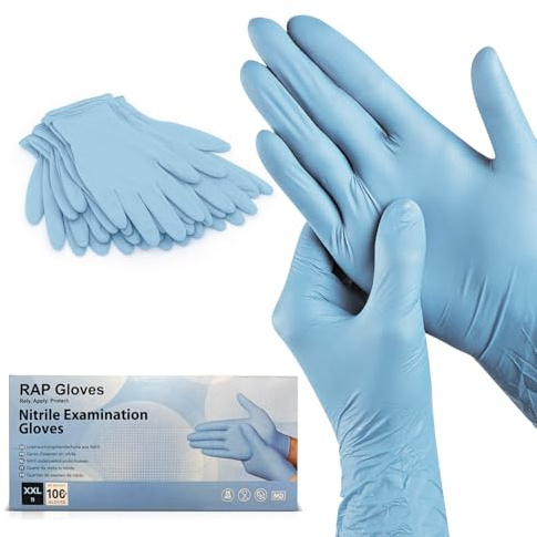 RAP Gloves 100 Blue Nitrile Disposable Gloves XXL, Powder and Latex Free | Extra strong examination gloves for multi purpose cleaning, food prep and hygiene. Food safe, 100 per box