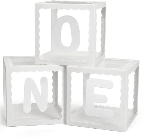 Golray First Birthday Decorations for Girl Boy, 3 Pcs Balloon Boxes with ONE Letters for Baby 1st Birthday Party Decor, Clear Balloon Boxes Blocks for Baby Shower First Birthday Decorations(Wave Edge)