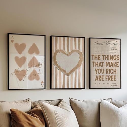 3-teiliges Premium Poster Set,Boho Deko Wandbilder,Braun Retro Warmth Heart Bilder Schlafzimmer Aesthetic Zimmer, Englische Lotterielose Leinwand Wandcollagen Wohnzimmer Deko,Ohne Rahmen (50x70cm)