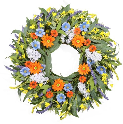 Summer Wreath for Front Door 24 Inch, Spring Floral Wreaths with Artificial Daisy and Lavender for All Season Home Decor Easter Indoor Outdoor Wall Home Celebrations