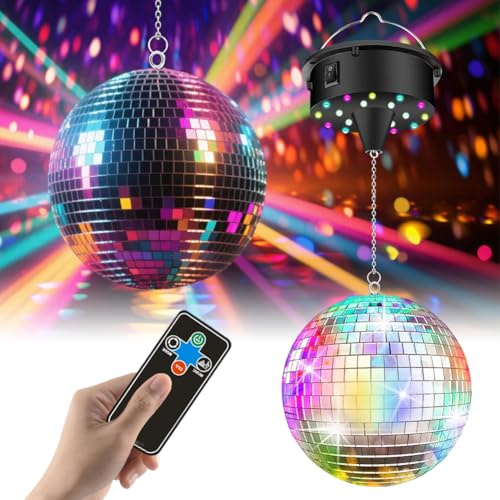 Boule disco avec moteur, moteur rotatif, réglable 5/8/10/15 tr/min, avec boule à facettes argentées de 15,2 cm et 4 lumières de couleur, 18 perles LED, télécommande pour fêtes, effets lumineux disco