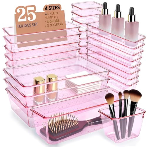 Buanson Schubladen Organizer, 25 Stück in 4 Größen, Kunststoff, Schminktisch und Make-up Organizer, Ordnungssystem (Rosa)