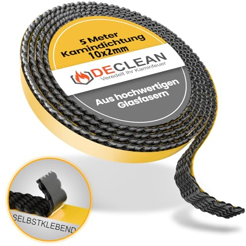 DeClean Kamindichtung Ofendichtschnur – selbstklebendes Ofendichtband – hitzebeständig bis 550° C – aus hochwertigen Glasfasern – Breite 10 x 2mm – Längen: 5 Meter