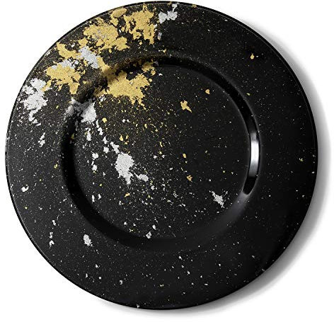 Syosaku Japanese Urushi Glass Charger Plate-L Φ13.9-inch Jet Black with Gold Leaf, Dishwasher Safe