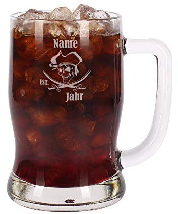 Leonardo Rum Glas Krug - Pirat - mit Gratis Gravur des Namens u. Geburtsjahr 0,5l – Personalisierter Glaskrug mit Wunschname & Jahr