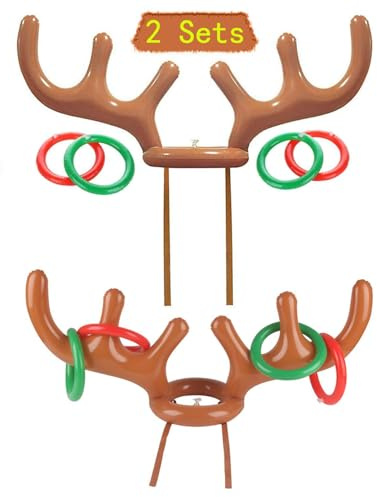 YAAVAAW Aufblasbares Rentiergeweih Ringwurfspiel,Ringwurfspiel Kinder Outdoor Weihnachten Indoor Spiele,2 Rentiergeweih 8 Wurfringe Spaß Familie Spiele Gartenspiele Party Requisiten Dekoration