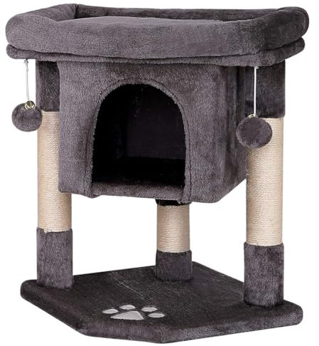 lionto Kratzbaum für Katzen mit Höhle & 2 Plüschballen inkl. Glöckchen, Höhe 60 cm, Katzenbaum mit robustem Sisalseil & weichem Plüsch, gemütliche Liegefläche, für kleine & große Katzen, dunkelgrau