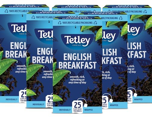 Tetley English Breakfast Black Tea Bags - Strong & Refreshing Morning Brew - Premium Blend with Assam & African Teas - Rainforest Alliance Certified - 150 Individually Wrapped Teabags (6x25 Pack)