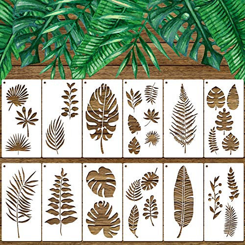 12 Stück Tropische Blätter Schablonen, Farnblatt Monstera Palmblatt Schildkröten Blatt Wand Schablone Vorlage Botanische Blätter Wiederverwendbare Schablonen Set für Handwerk DIY (4 x 8 Zoll)