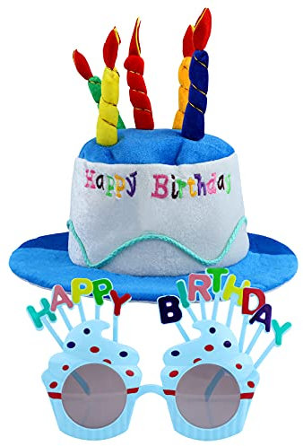 Chapeau-gâteau Happy Birthday Joyeux Anniversaire Peluche gâteau pour Lunettes de Fête d'anniversaire pour Filles Adultes Décoration de Fête blue