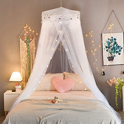 SZHTFX Mosquito Mesh Net for Bed Large Dome Hanging Bed Canopy for Boys with Round Lace for Punch-free Installation Bed Net for Single to Double Bed Ideal for Bedroom Decorative (White)