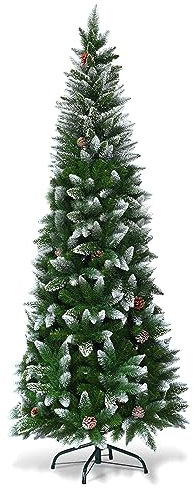 COSTWAY Albero di Natale Innevato 180/220 cm, Albero di Natale Slim con Pigne, Base di Metallo e Rami Rigogliosi in PVC, Ideale per Casa, Ufficio e Negozio (220 cm)