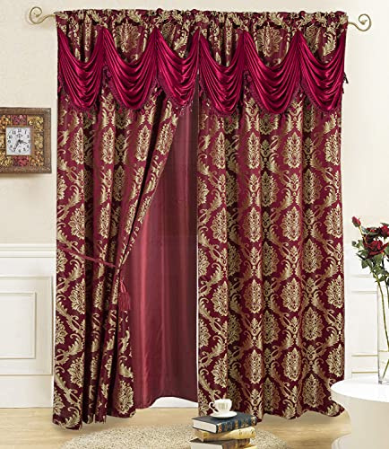 Jacquard fönstergardiner för vardagsrum och sovrum 137 B x 213 L cm – set med 2 paneler med bifogad gardin, baksida och 2 bakstycken – lång vinröd lyxig elegant fin design Cortinas Para Sala
