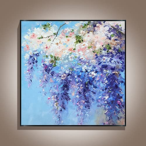 Ölbilder Auf Leinwand Handgemalt,Große Abstrakte Blaue Himmel Pfirsich Blume Windspiel Blume Leinwand Wandkunst Moderne 100% Handgemalte Ölgemälde Auf Leinwand Kunstwerke Für Wohnzimmer Schlafz