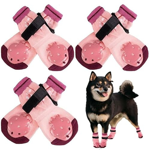 EASY JOY 3 Paar Anti Rutsch Hundesocken, verstellbare Hundestiefel und Booties, Hundesocken Wundschutz - Rosa Erdbeermuster, Größe XS