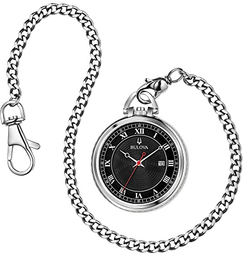 Bulova Classic Pocket Watch 3-Hand Date Quartz Stainless Steel, Black Dial with Detachable Chain Style: 96B308