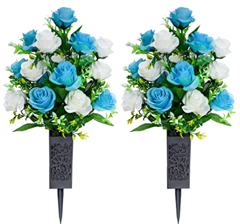 LVXINLI 2 Sets Artificial Cemetery Flowers,Memorial Flowers,Beautiful Arrangements for Headstones,Black Plastic vase with Drainage Hole Long Spikes Outdoor Memorials (Blue and White)…