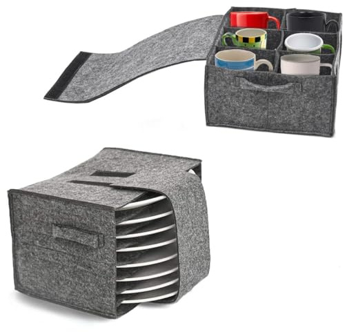 Caravan Plate Holder Camping Cup Tableware Storage Felt Bag with Dividers 6 Crystal Glassware and 8 Platter Dinnerware Storage Bag for Motorhome Cupboard Glass Mug Kitchen Organiser Accessories