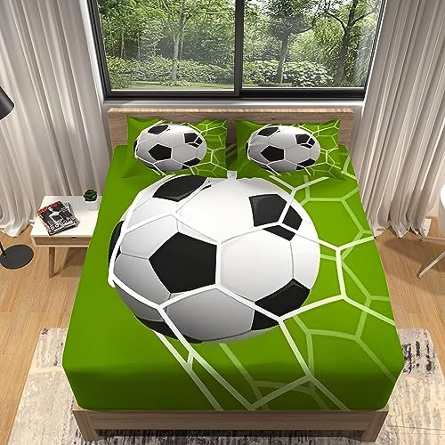 3D Fußball Spannbettlaken 90x200 cm, Fußball Bettlaken Set für Kinder Erwachsene, Mikrofaser Spannbetttuch - Tiefe Tasche 30 cm mit 1 Kissenbezügen