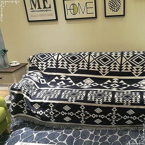 Homxi Sofabezug 4 Sitzer Ecksofa,180x340CM,Sofa Universal Bezug Geometrisch Muster mit Quasten Überwurf für Sofa Baumwolle Sofa Handtuch Schwarz Blau Couchbezug Universal