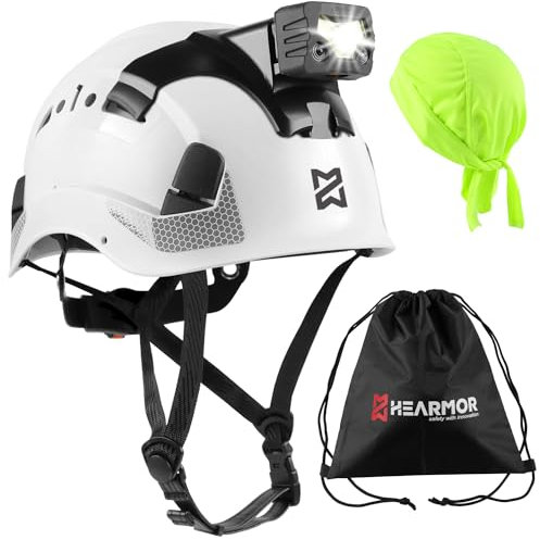 HEARMOR Working at Heights Industrial Helmet for Adults Construction Helmet with LED Headlamp Including ABS Safety Passed EN12492 Certification, EN397 Shock Absorption and Penetration Resistance Test