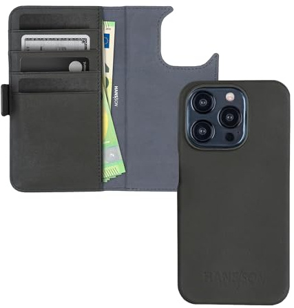 HANS/SON Handyhülle aus Echtleder kompatibel mit iPhone 15 Pro Max, Olive, Lederhülle mit Kartenfächern und MagSafe, stoßfeste Klapphülle