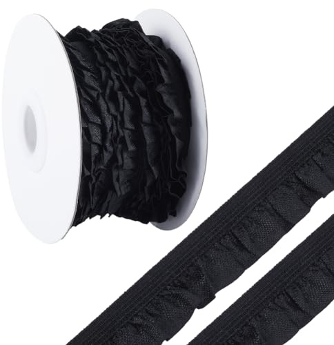 GORGECRAFT 10 Yard Stretch-Rüschenband Schwarz Gerüschter Elastischer Besatz Plissierter Spitzenstoffbesatz Muschelkantenbesatz Geraffter Faltenbesatz Für Kleid Kissenbezug Kleidung Dekoration DIY