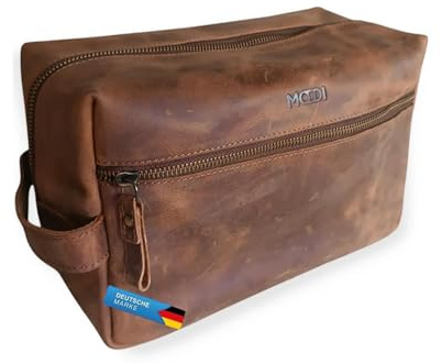 MODDI® Kulturbeutel Herren Leder – XL Vintage Kosmetiktasche aus echtem Leder – Handgefertigte Toilettentasche für Reisen & Alltag, Unisex für Damen & Herren