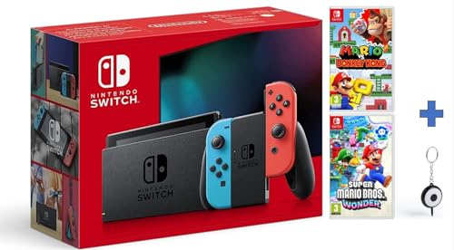 Nintendo_Switch Rouge/Bleu Néon 32Go [nouveau modèle] + Super Mario Bros. Wonder + Nintendo Mario vs. Donkey Kongs + Flash LED