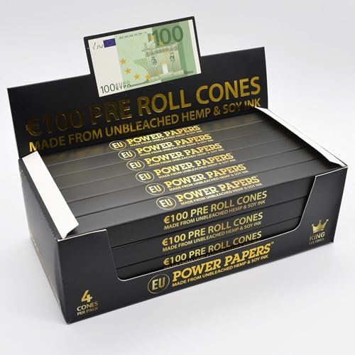 Power Papers 100€ Euro Cones King Size - pre rolled/vorgedrehte Joint Hülsen im Euro Geldschein Look / 4 Jointhülsen pro Packung (24 Packungen - Display)