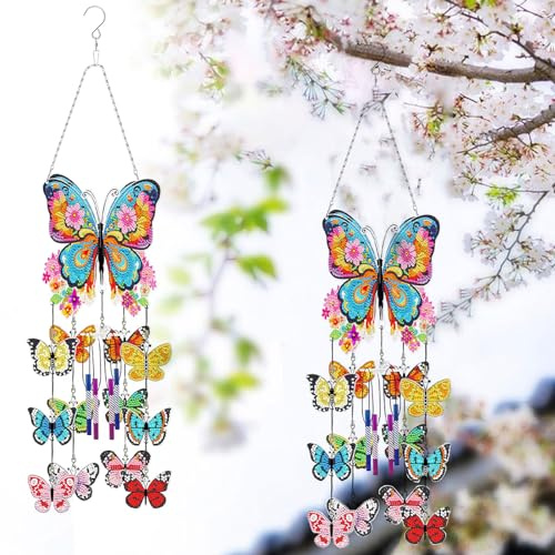Starnearby DIY Diamond Painting Sonnenfänger Windspiele Set, 5D Doppelseitige Kristall Diamant Malerei Anhänger Set, Rotierender Windspiel Bastelset Hängende Ornamente für Fensterdeko (Schmetterling)