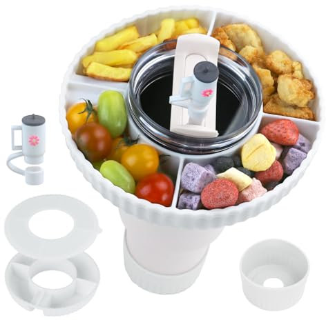 Cartlant Snack Tray with Lid for Stanley Cup Accessories 40oz, Silicone Snacks Bowl with Straw Topper Cover, Boot for Travel Mug, Food Holder Ring Plate for Tumbler Bottle Popcorn Movie Night(White)