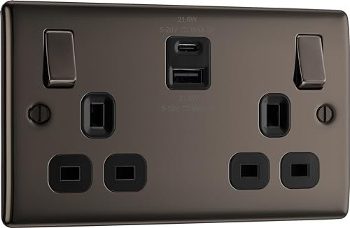 BG Electrical 22W Double Switched Power Wall Plug Socket with Fast Charge USB A and USB C Charging Ports, Nexus Metal, Black Nickel, 13A, NBN22UAC22B