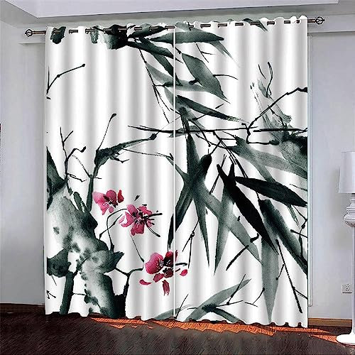 Blickdichte Vorhänge, Verdunkelungsvorhang - Tinte Bambus 2 X 140 X 250 Cm - Blickdichter Vorhang Mit Ösen, Polyester Mit 3D-Druck, Für Schlafzimmer, Geräuschreduzierung 2Er Set -2I7A7B2X6J5V4Q3B4R4A9