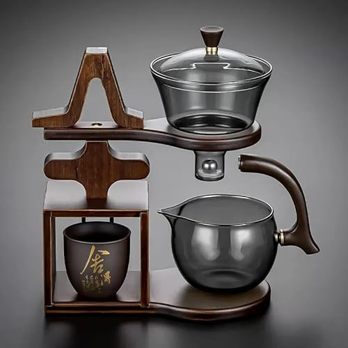 Lazy Tea Set Holzglas-Teekannen-Set Teekanne Mit Drehbarer Abdeckung Semi Automatic Tea Set Chinesisches Gongfu-Tee-Set YoeEoay Neues Asiatisches Teeservice Authentische Teezeremonien & Entspannung(A)