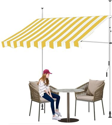 Auvent d'extérieur rétractable à motif à rayures bleues avec poteau de support réglable, tissu résistant aux UV pour fenêtre, porte, porche, terrasse, abri solaire autoportant