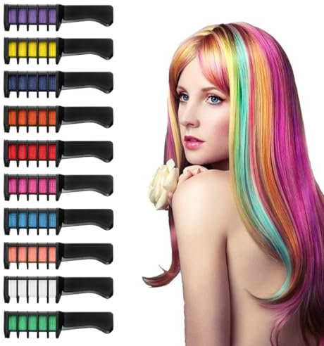 EYVRPAU Peigne à craie pour cheveux, set de 10 pièces, couleur temporär, lavable, instantané, pour enfants, accessoires, ado fille, mascara, mèche, kit coloration, crazy color, fille 10 ans